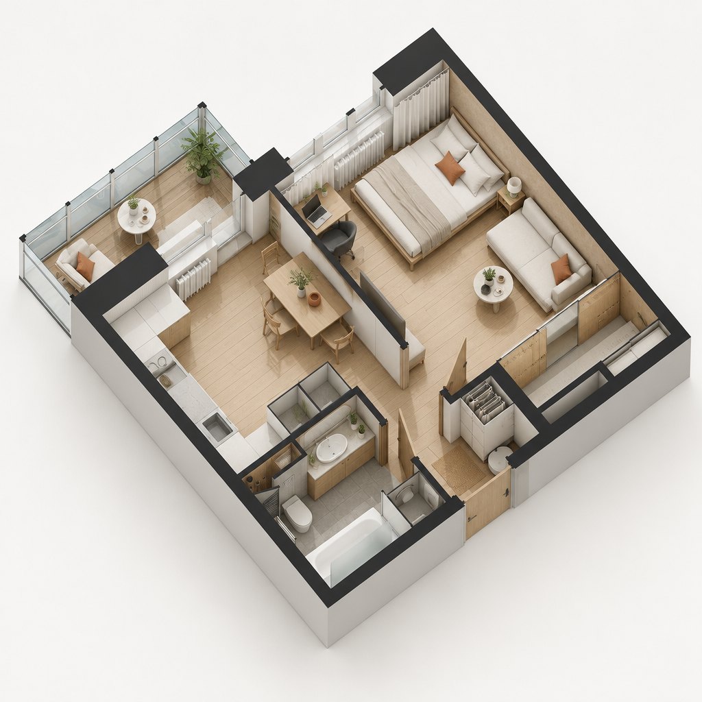 Аксонометрия квартиры 38,86 м² в стиле джапанди: кухня-гостиная, спальня с рабочим местом, санузел, прихожая и лоджия